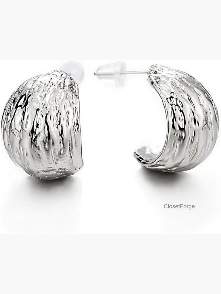 Textured Half Hoop Earrings, Sculptural Curved Metal Stud Design